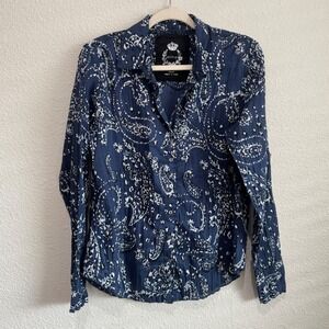 Cino Paisley Print Long Button Down Tunic Shirt M Blue Bandana Boho